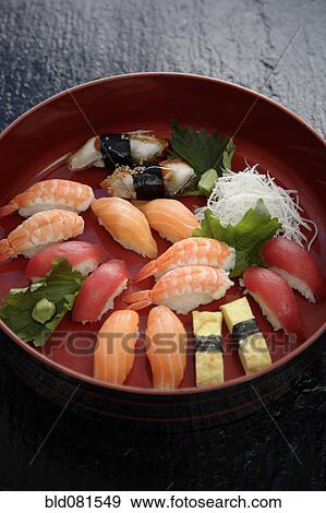 Nigiri sushi combination on platter View Large Photo Image Stock Photo - Nigiri sushi combination on platter. Fotosearch