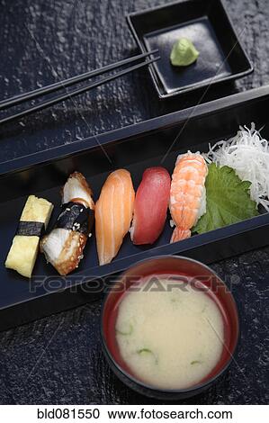 Nigiri sushi with wasabi and miso soup View Large Photo Image Stock Image - Nigiri sushi with wasabi and miso soup. Fotosearch
