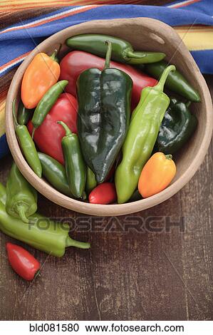 Stock Image - Variety of chilies in bowl. Fotosearch
