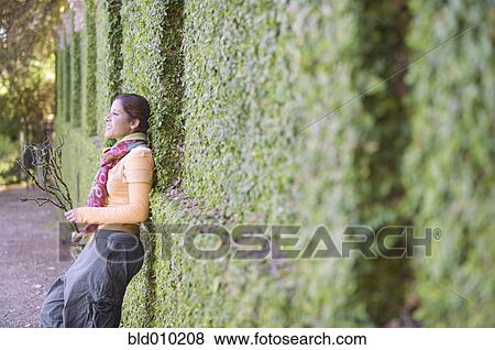 Stock Photo - Woman leaning against a hedge. Fotosearch
