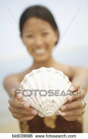 Asian woman holding out seashell View Large Photo Image Stock Photograph - Asian woman holding out seashell. Fotosearch