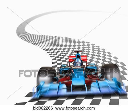 Stock Photograph - Blue race car driving on checkerboard road. Fotosearch