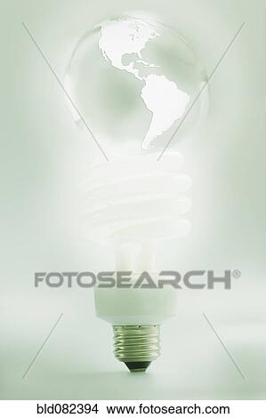 Picture - CFL light bulb shaped like globe. Fotosearch