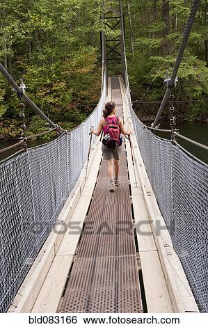 Hispanic woman hiking over bridge in woods View Large Photo Image Stock Photograph - Hispanic woman hiking over bridge in woods. Fotosearch