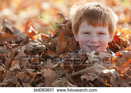 Stock Image - Caucasian boy hiding in autumn leaves. Fotosearch
