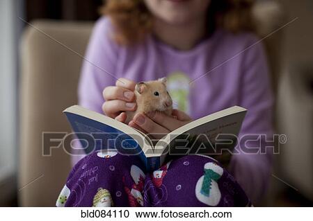 Stock Image - Caucasian girl sitting with book and pet hamster. Fotosearch