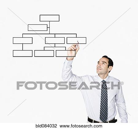 Stock Image - Hispanic businessman drawing flowchart on clear board. Fotosearch