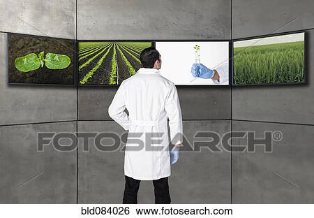Stock Photograph - Hispanic scientist looking at images on television screens. Fotosearch