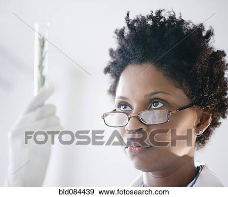Stock Photo - Black scientist looking at herb in test tube. Fotosearch