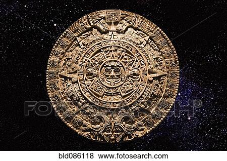 Stock Photo - Aztec calendar stone carving in space. Fotosearch