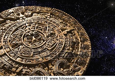 Aztec calendar stone carving in space View Large Photo Image Stock Photo - Aztec calendar stone carving in space. Fotosearch