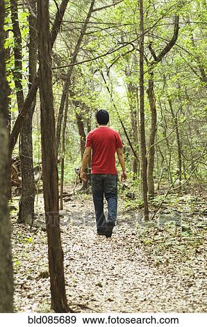 Stock Photo - Hispanic man walking on path in woods. Fotosearch