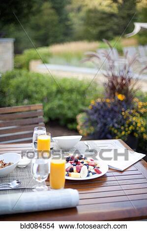 Healthy breakfast on outdoor patio table View Large Photo Image Picture - Healthy breakfast on outdoor patio table. Fotosearch
