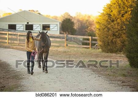Stock Image - Caucasian girl leading horse on path. Fotosearch