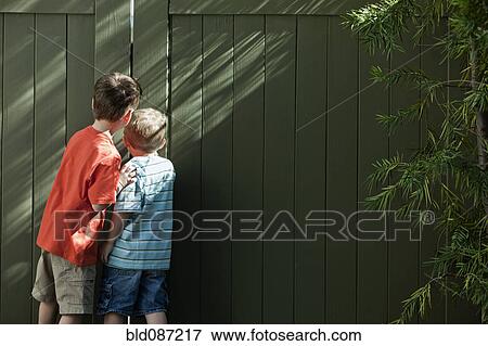 Stock Photo - Caucasian brothers peering out fence. Fotosearch