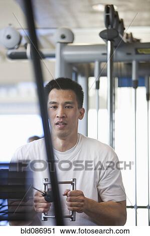 Chinese man lifting weights in health club View Large Photo Image Stock Image - Chinese man lifting weights in health club. Fotosearch