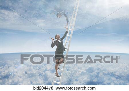 Stock Photo - African American businesswoman on ladder to glass ceiling. Fotosearch