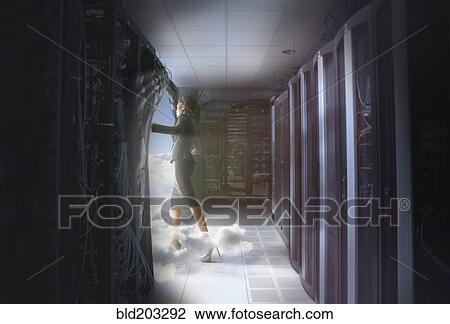 Stock Image - African American businesswoman walking into clouds. Fotosearch