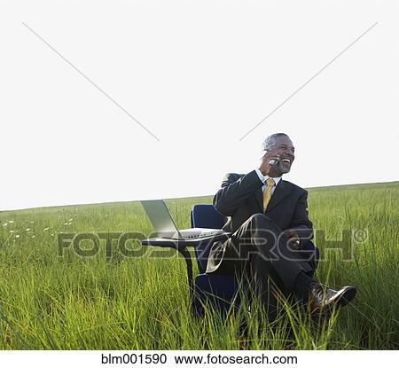 Stock Image - African businessman talking on cell phone in field. Fotosearch
