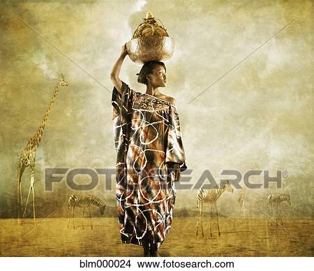 Picture - African woman holding bowl on head. Fotosearch
