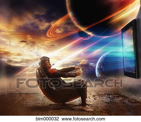 Stock Image - Asian man playing three dimensional holographic video game. Fotosearch