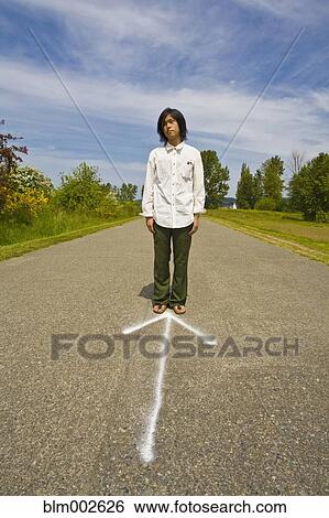Asian man standing on arrow in road View Large Photo Image Stock Photograph - Asian man standing on arrow in road. Fotosearch