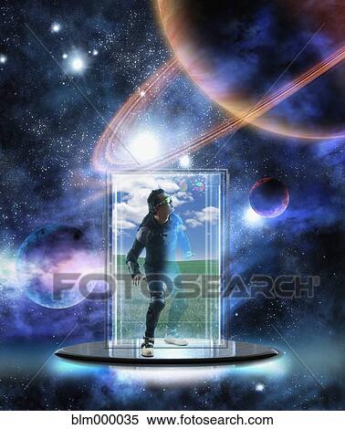 Stock Photography - Asian man stepping through portal. Fotosearch