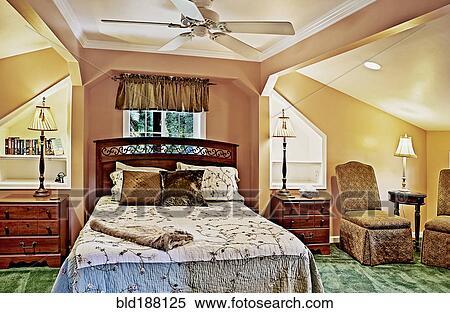 Stock Photography - Bed and night stands in rustic bedroom. Fotosearch