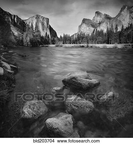 Picture - Blurred view of water rushing over rocks, Yosemite, California, United States. Fotosearch