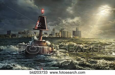 Stock Image - Buoy in rocky waves, Detroit, Michigan, United States. Fotosearch