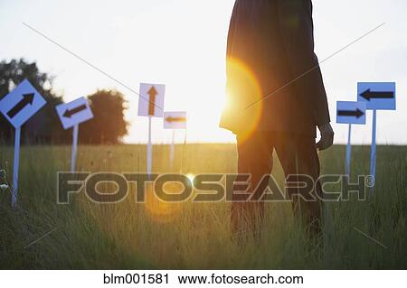 Stock Image - Businessman with arrow signs in field. Fotosearch