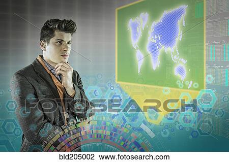 Caucasian businessman examining illuminated holograms View Large Photo Image Stock Image - Caucasian businessman examining illuminated holograms. Fotosearch