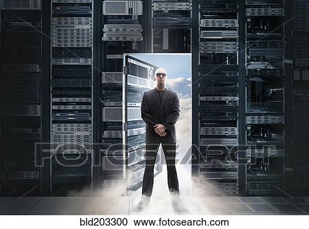 Stock Image - Caucasian man standing in doorway to clouds. Fotosearch
