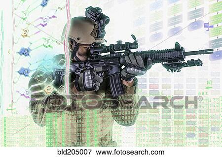 Stock Photo - Caucasian soldier pointing gun at illuminated holograms. Fotosearch