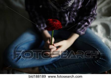 Stock Photo - Caucasian teenage girl holding flower. Fotosearch