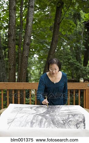 Chinese woman painting outdoors View Large Photo Image Stock Photography - Chinese woman painting outdoors. Fotosearch