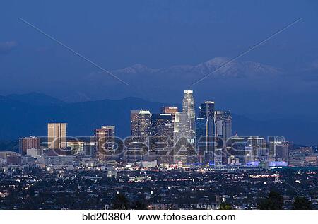 Picture - City skyline lit up at night, Los Angeles, California, United States. Fotosearch