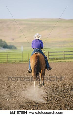 Picture - Cowboy riding horseback on ranch. Fotosearch
