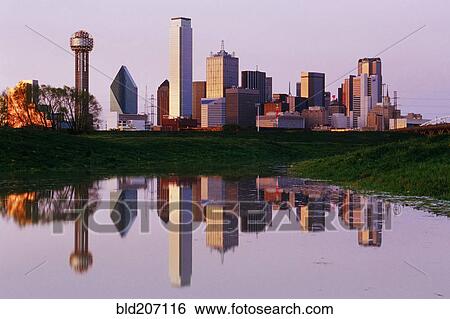 Dallas Skyline Reflected in Pond at Dusk View Large Photo Image Stock Photograph - Dallas Skyline Reflected in Pond at Dusk. Fotosearch