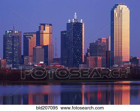 Stock Photography - Dallas Skyline Reflected in Pond at Dusk. Fotosearch