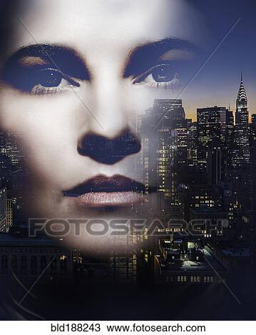 Stock Image - Face of Caucasian woman and New York cityscape, New York, United States. Fotosearch