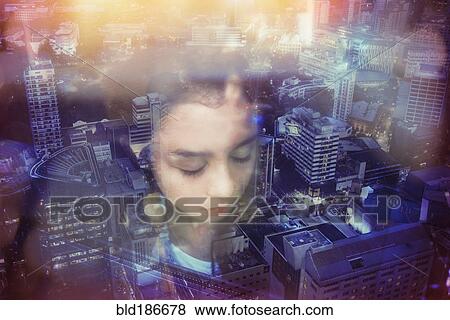 Stock Photo - Face of mixed race girl over cityscape, Auckland, New Zealand. Fotosearch