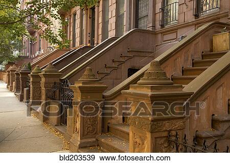Stock Photo - Front steps of apartment buildings, New York, New York, United States. Fotosearch