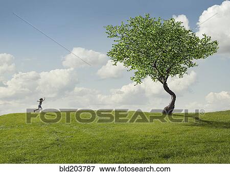 Stock Photo - Girl running in rural landscape. Fotosearch