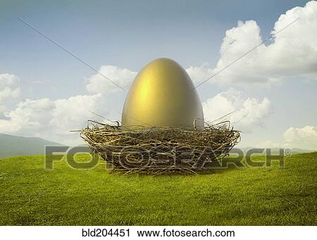 Stock Image - Golden egg in bird's nest. Fotosearch