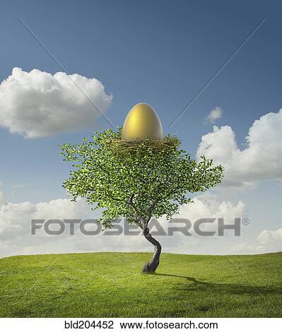 Stock Image - Golden egg in bird's nest. Fotosearch