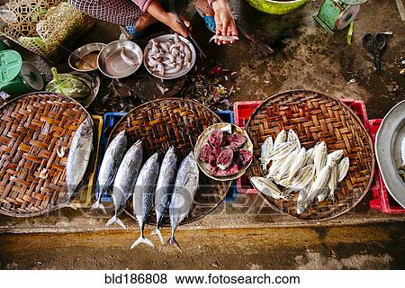 Stock Photo - High angle view of vendor cleaning fish. Fotosearch