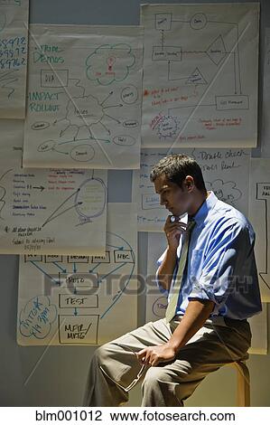 Stock Image - Hispanic businessman brainstorming near flip chart sheets. Fotosearch