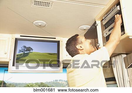 Stock Image - Hispanic man adjusting stereo in recreational vehicle. Fotosearch