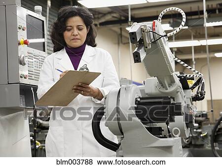 Stock Photo - Hispanic woman writing on clipboard next to robotics machinery. Fotosearch